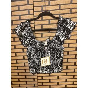Rich & Famous Black And Cream Palm Leaf Print Smocked Crop Top Size Large